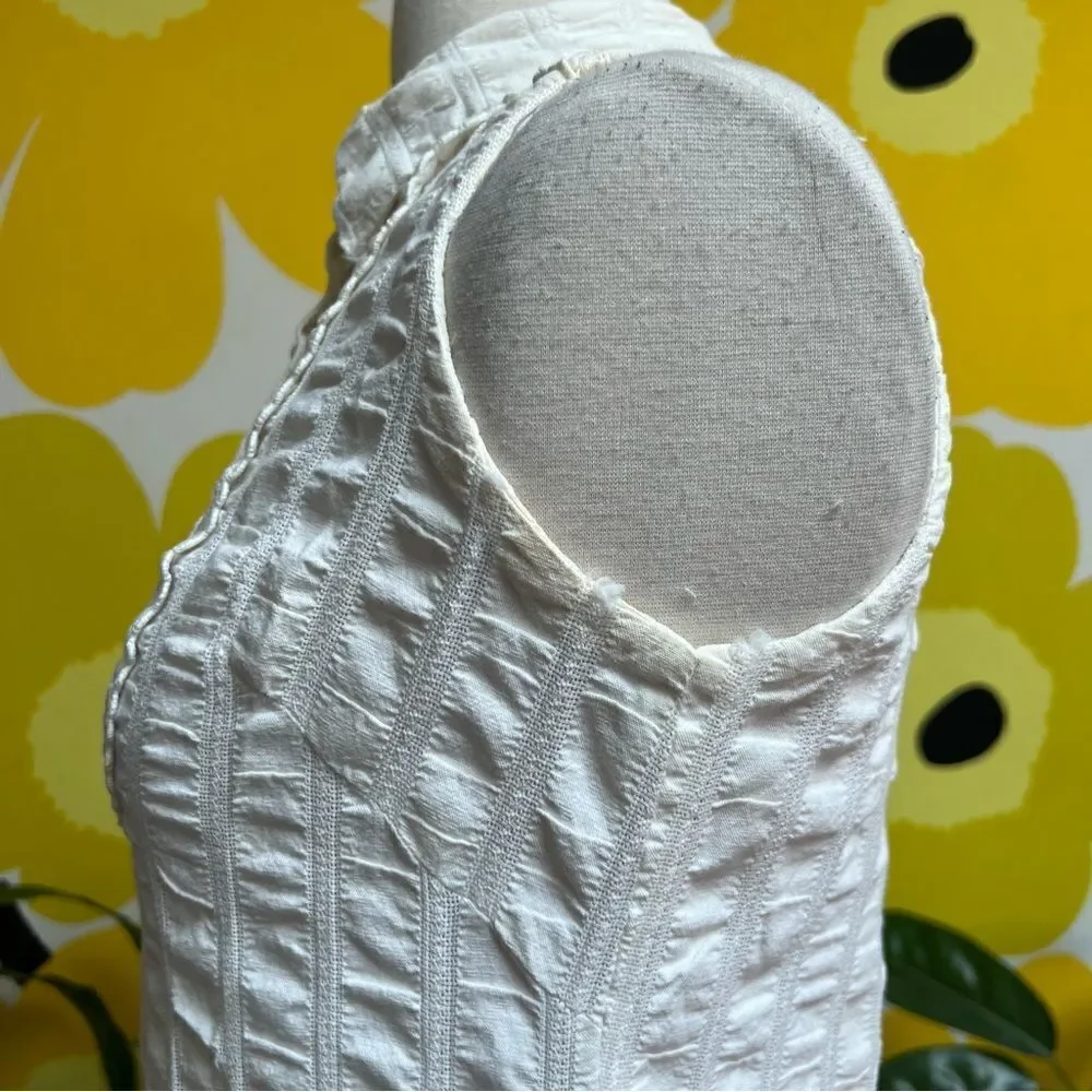 Vintage 1960s Bobbie Brooks Ivory Crochet Embroidered Pleated Sleeveless Blouse
